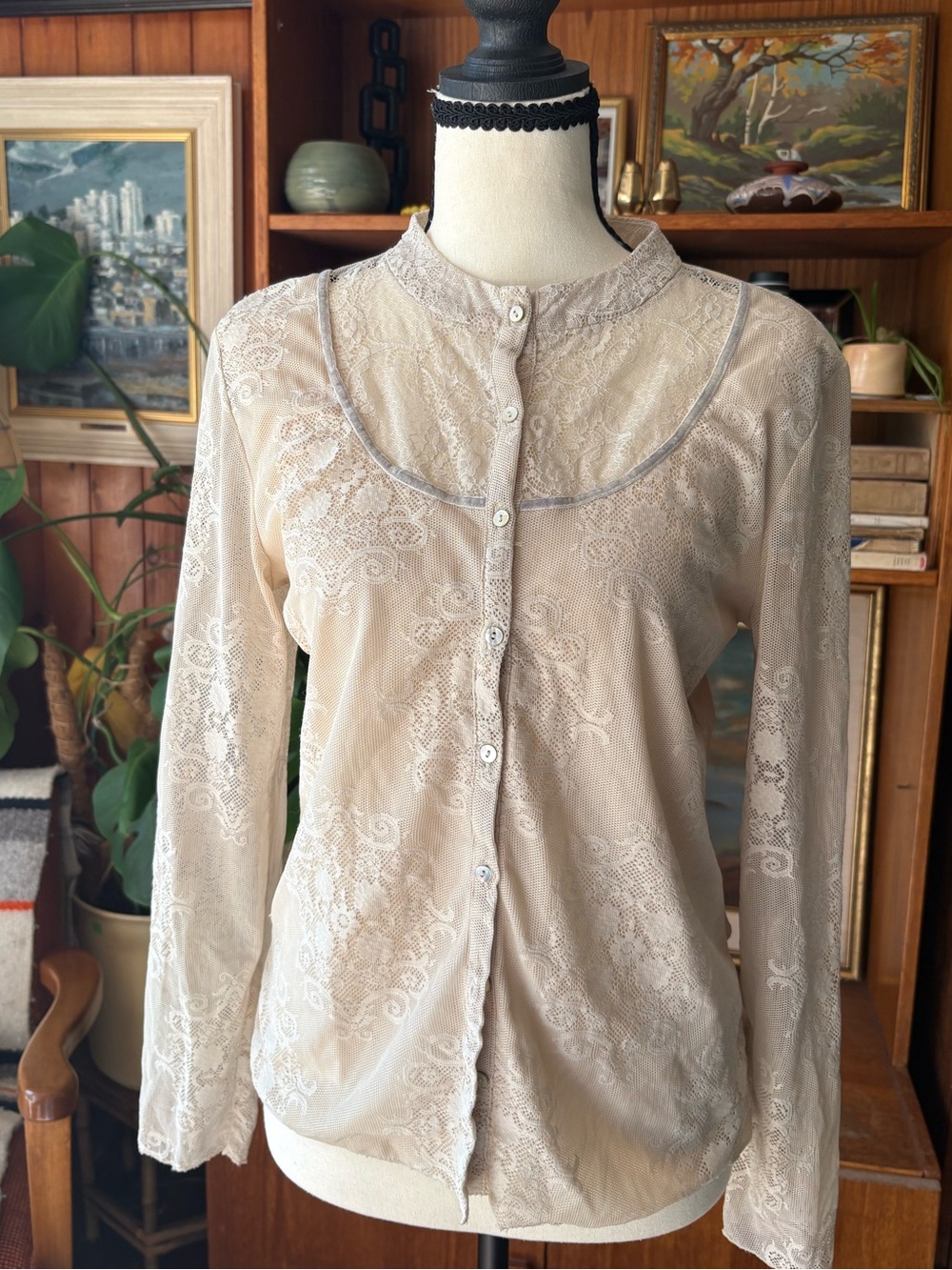 Y2K VTG J Jill Antiquarian Lace Romantic Button Down Top Cardigan M